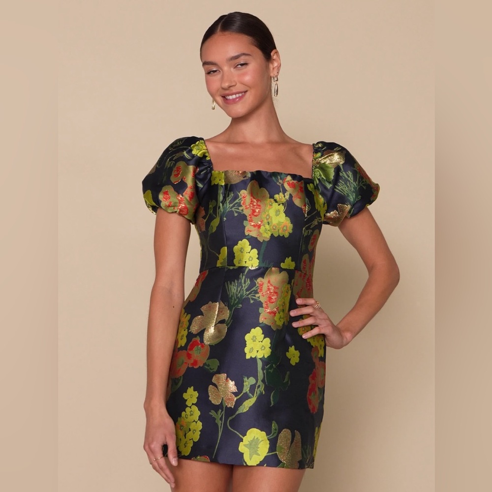 Lulus so stunning jacquard floral puff sleeve mini dress blue size small